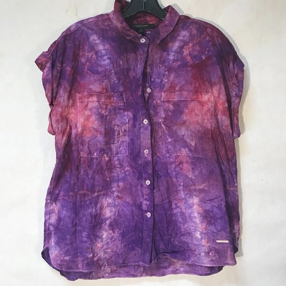 Andrew Marc Purple Cotton Blouse Button Up Sleeveless Tie Dye Size Medium Dyed - Picture 2 of 5